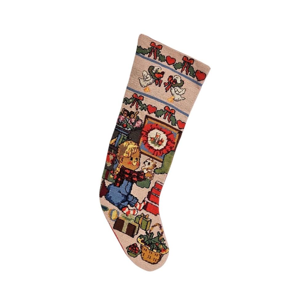 Vintage Handmade Needlepoint Little Child Gifts 22" Christmas Stocking Decor